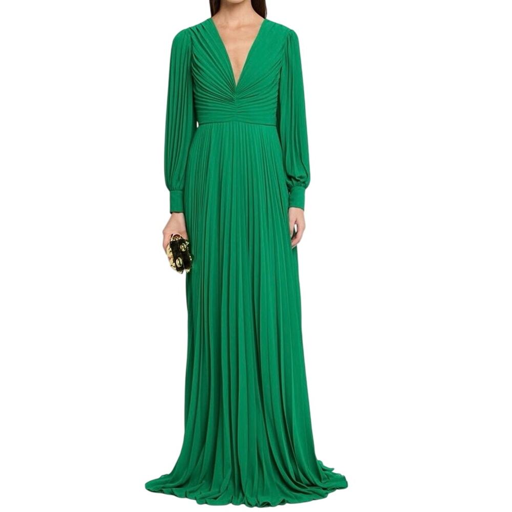 Badgley Mischka Pleated Blouson-Sleeve Georgette Gown size 10